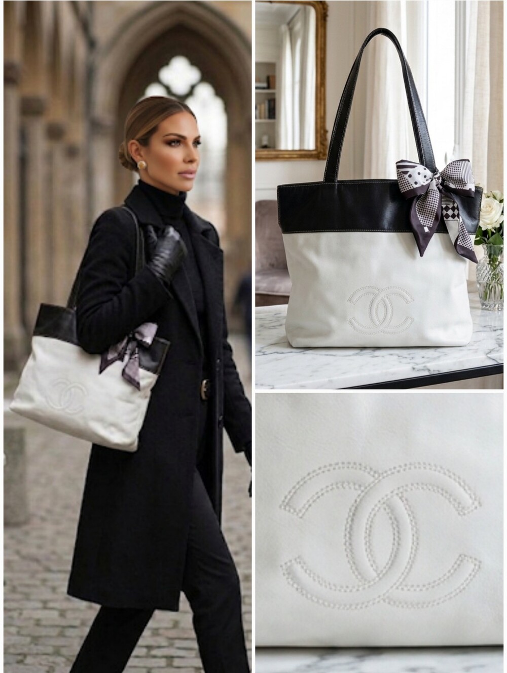 Chanel Vintage  Black & White Lambskin CC Shopper Tote 1997-1999 ✨️💕